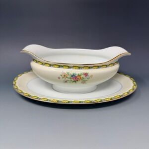 Vintage Noritake Morimura Gravy Boat with Attached Underplate Floral Gold Trim